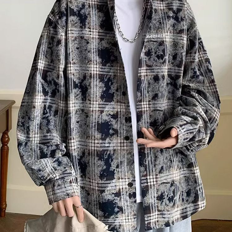Camicia a maniche lunghe a quadri Niche per uomo, camicia ricamata tie-dye autunnale, giacca in stile college_voghion.com
