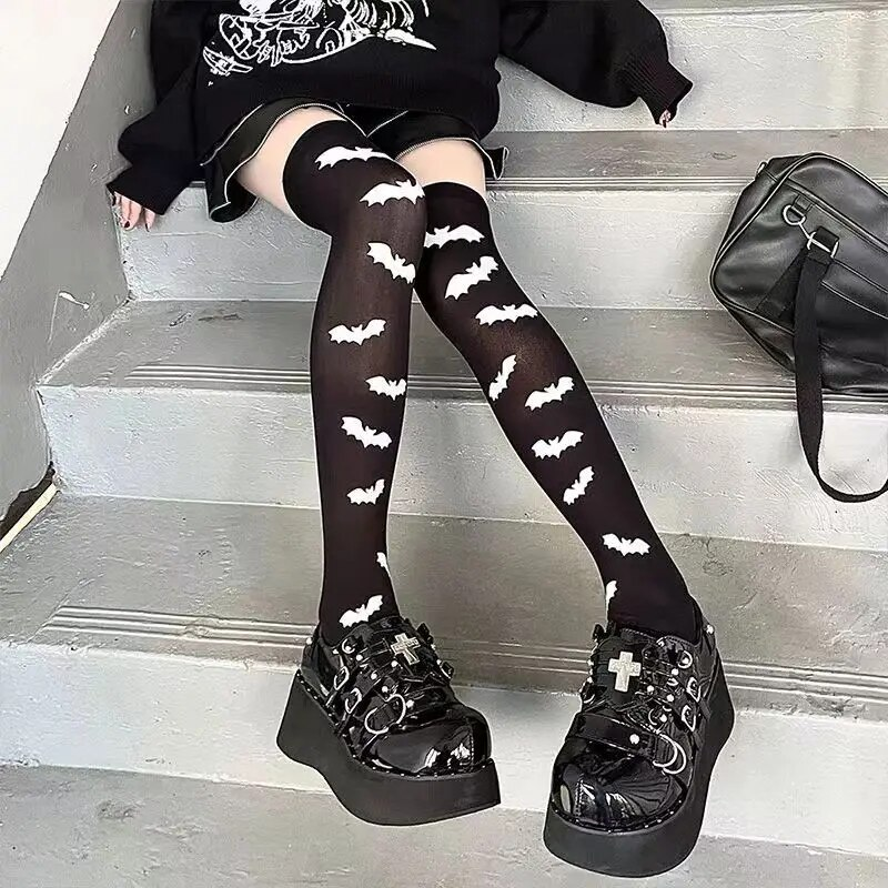 Subkultur Klassisk Lolita Black Goth Söta strumpor Lårklänningar Japanska flickor Gotisk Punk Retro Spindelnät Dödskallefladdermus_voghion.com