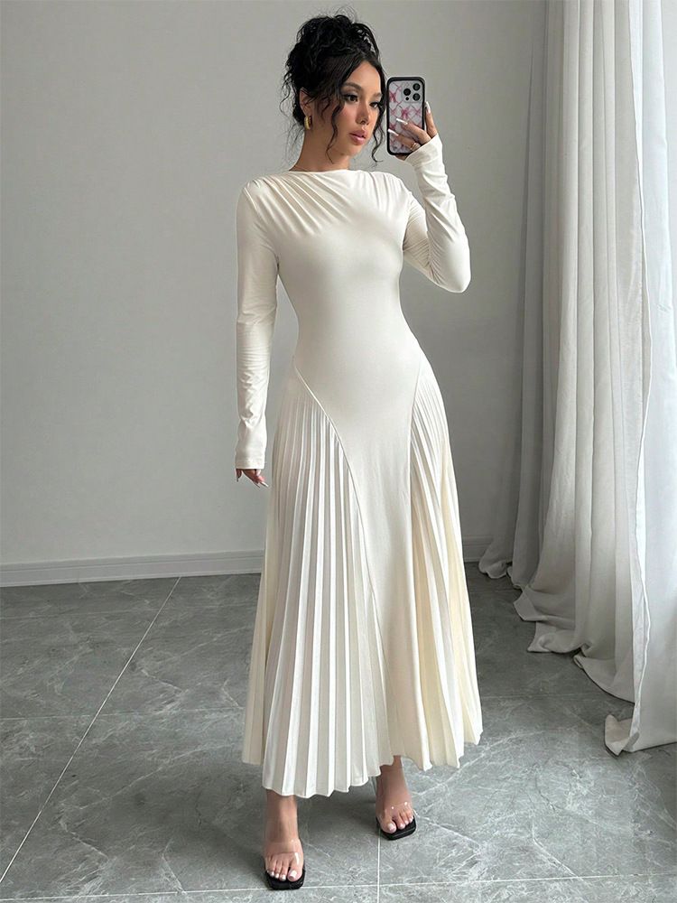Nuovo abito plissettato a maniche lunghe lavorato a maglia, gonna lunga, elegante, sottile, versatile, alla moda_voghion.com