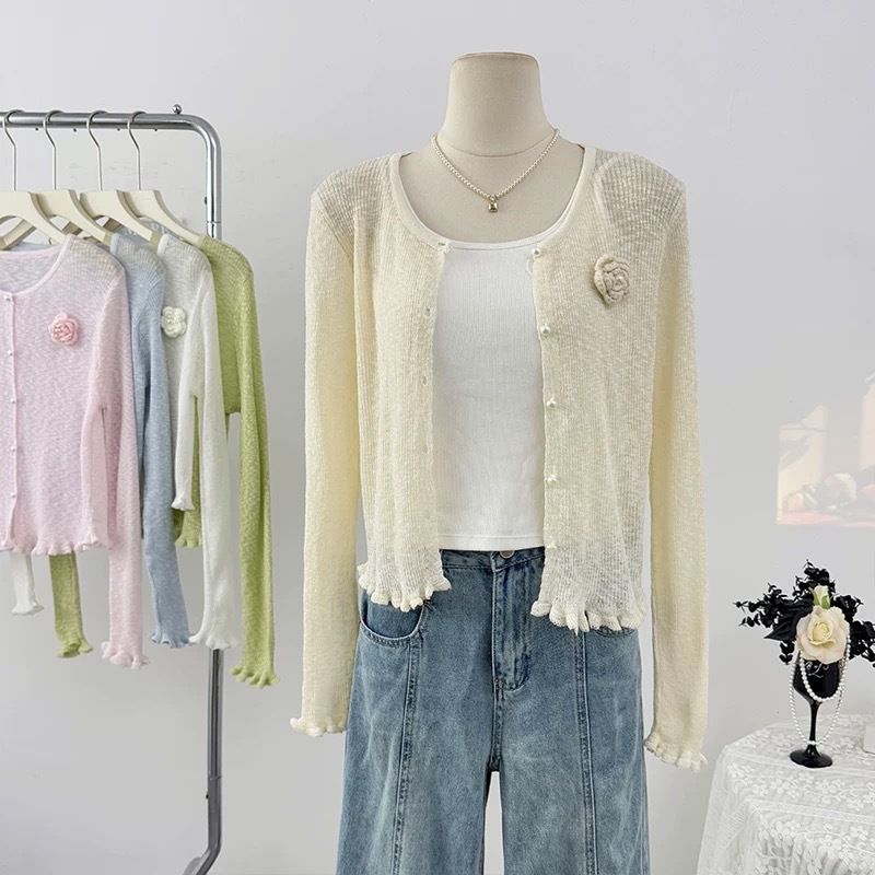 Damenbekleidung Dünnes Rundhals-Spleißen Blumen-Kurzes Langarm-Strick-Sonnenschutzhemd Sommer-Neues Slim Fit-Kleines Cardigan-Oberteil_voghion.com