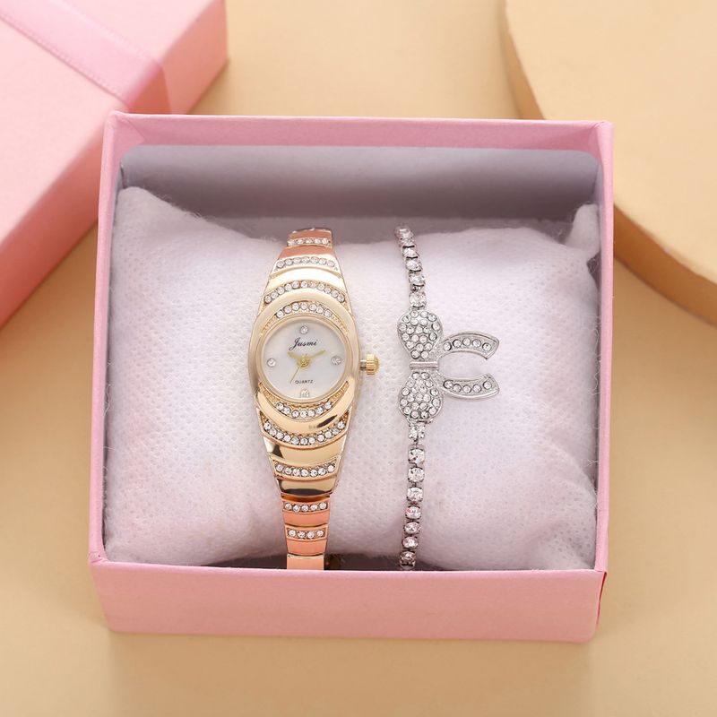 Diamond studded small dial thin strap personalized trendy steel strap quartz watch + bracelet (2pcs/set)_voghion.com