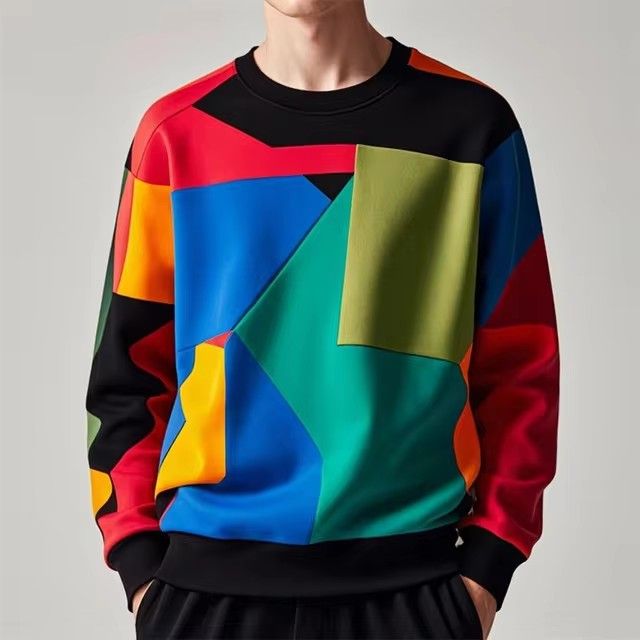 Creative Irregular Square Colorful 3D Digital Print Men's Spring And Autumn Versatile Long Sleeve Loose Crew Neck_voghion.com