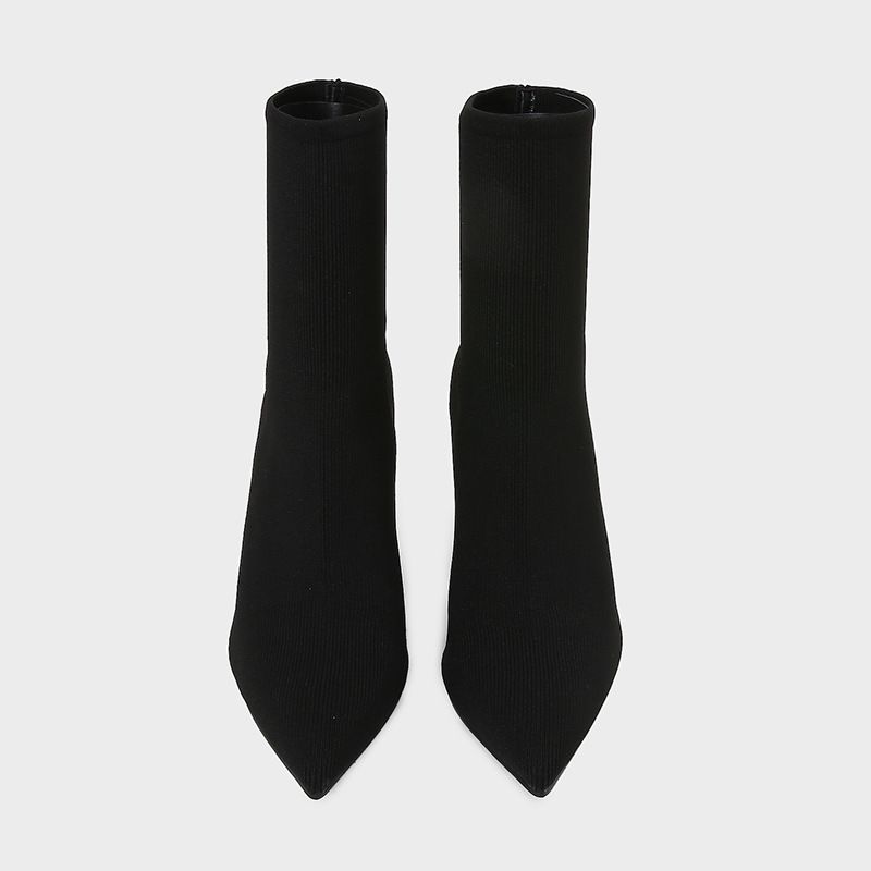 Sock ZA 2024 Autumn New Shoes Black Fabric Stretch Pointed Toe Stiletto Short Women's High Heel Boots_voghion.com