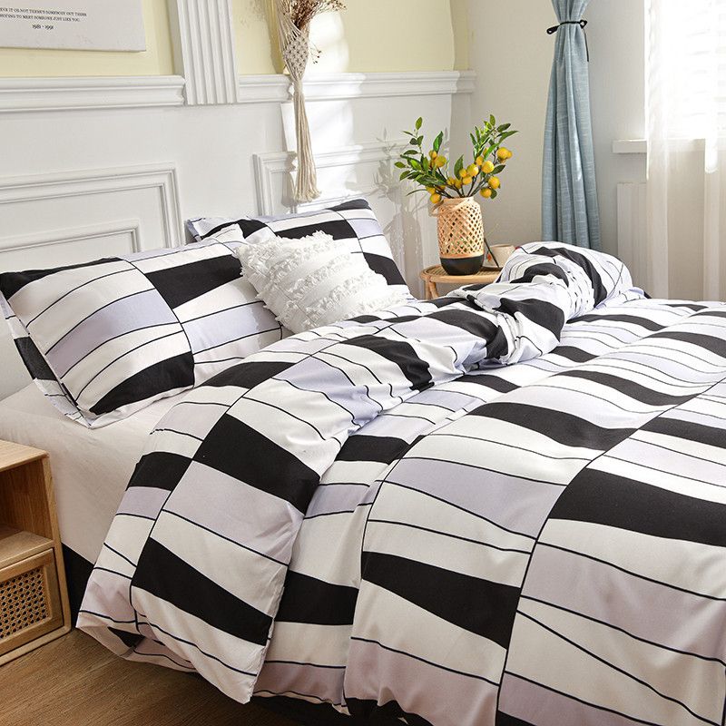 Modischer Bettbezug mit geometrischem Muster in Schwarz und Weiß, 3-teiliges Bettwäscheset, einfacher Bettbezug im Dreifarb-Nähte-Stil mit Kissenbezug_voghion.com