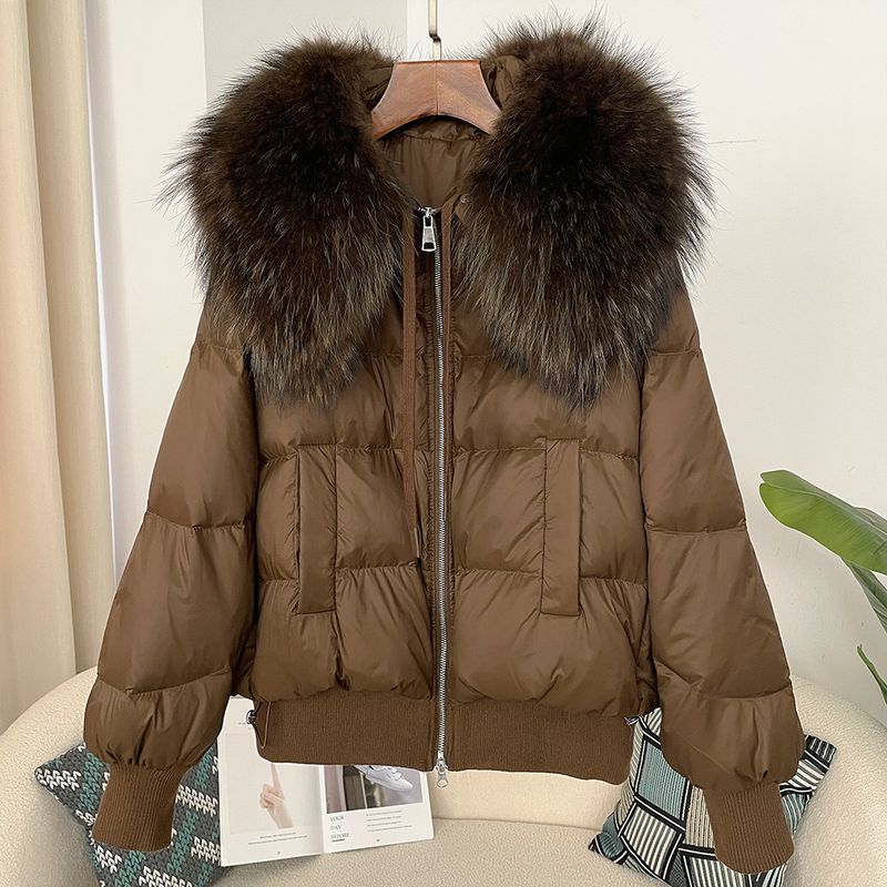 Women's Clothing Ready to stock detachable oversized raccoon fur collar winter women's short thickened white duck Warm jacket jacket flat coat coat_voghion.com