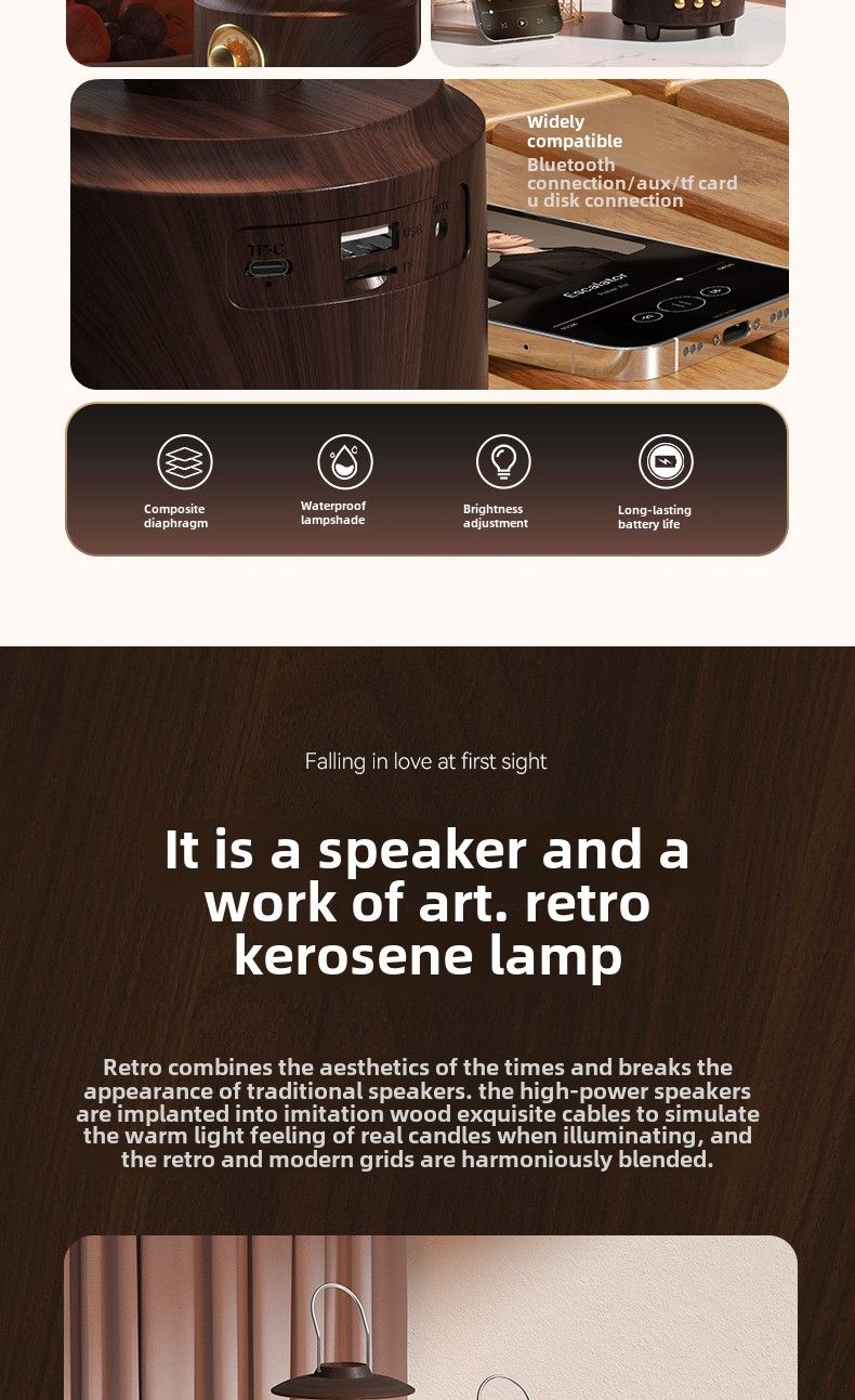 Altoparlante lampada retrò - Connettività Bluetooth, design classico della lampada a cherosene, impermeabile IPX4, scheda TF supportata, con batteria integrata per l'illuminazione_voghion.com