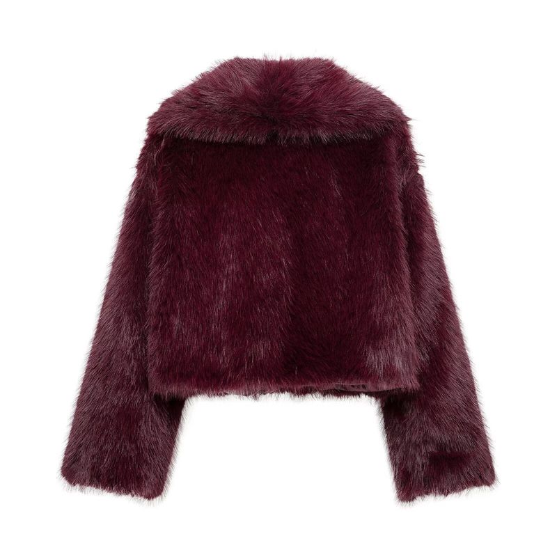 Eleganter, einfarbiger Kunstpelzmantel – Kurze Damenjacke mit Schalkragen (XS-L, Schwarz/Burgund/Kaffee)_voghion.com