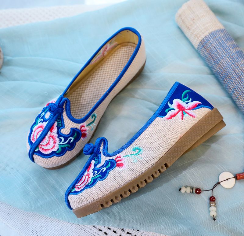 Flache Kuhsehnen-Weichsohlen, bestickte Stoff-Mama-Schuhe, dicke Füße, Damen-Einzelschuhe_voghion.com