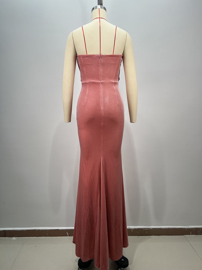 Beliebtes, durchsichtiges, hüftbetontes, eng anliegendes, bodenlanges Kleid mit V-Ausschnitt und Netzstoff und Perlen_voghion.com