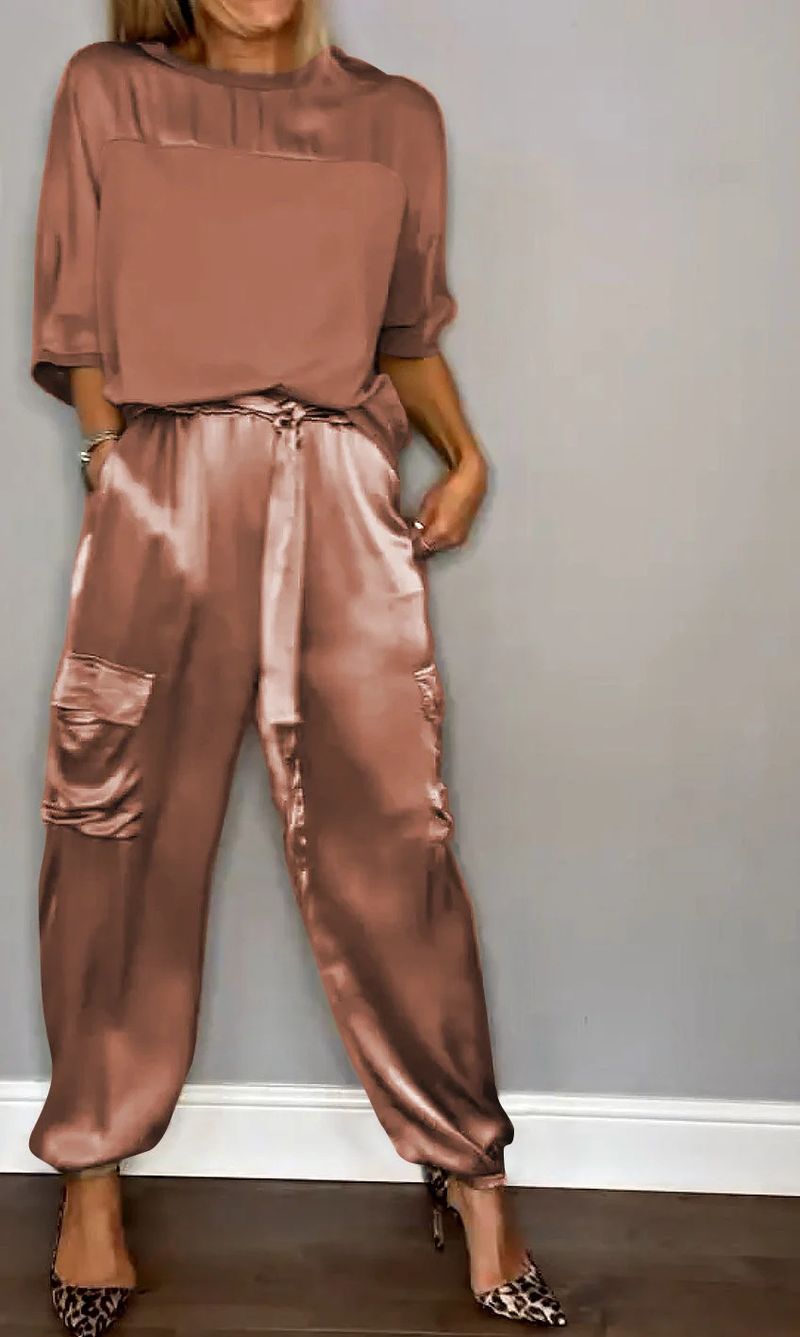Women's Clothing Fashion Women's Smooth Satin Half sleeved Top and Pants Set Two piece Set_voghion.com
