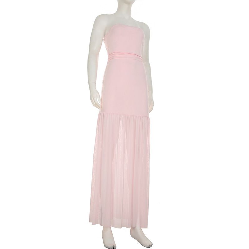 Pure Desire, sexy trägerloses Kleid mit einer Schulter aus Netzstoff, feminines Temperament, hohe Taille, schmale Passform, Schlitz, hüftbetont lang_voghion.com