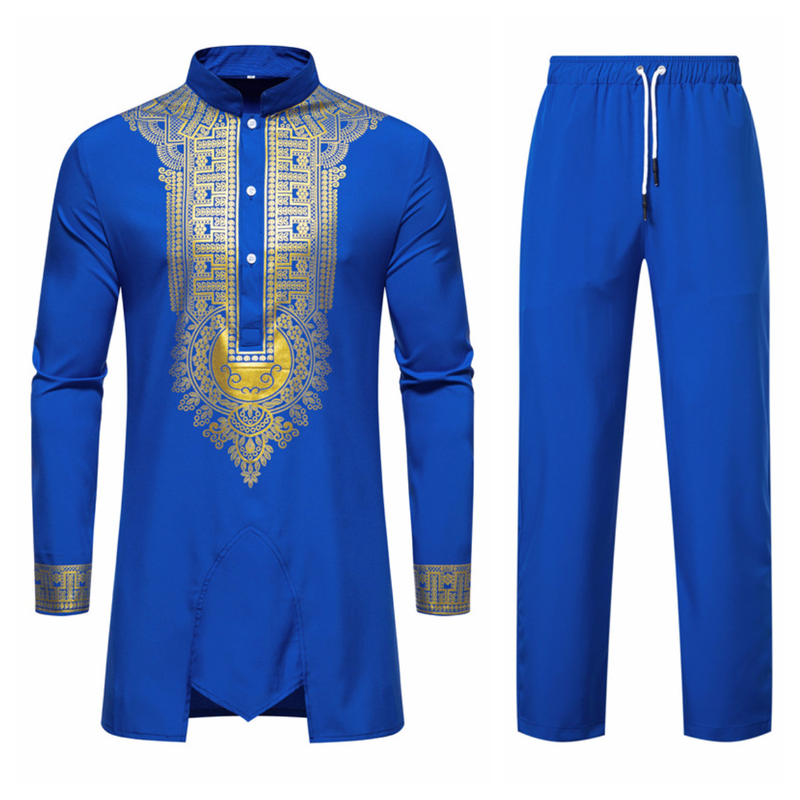 CT Men's Set Stand Collar Gold Foil Print Long Sleeve And Pants Casual Shirt For Men_voghion.com