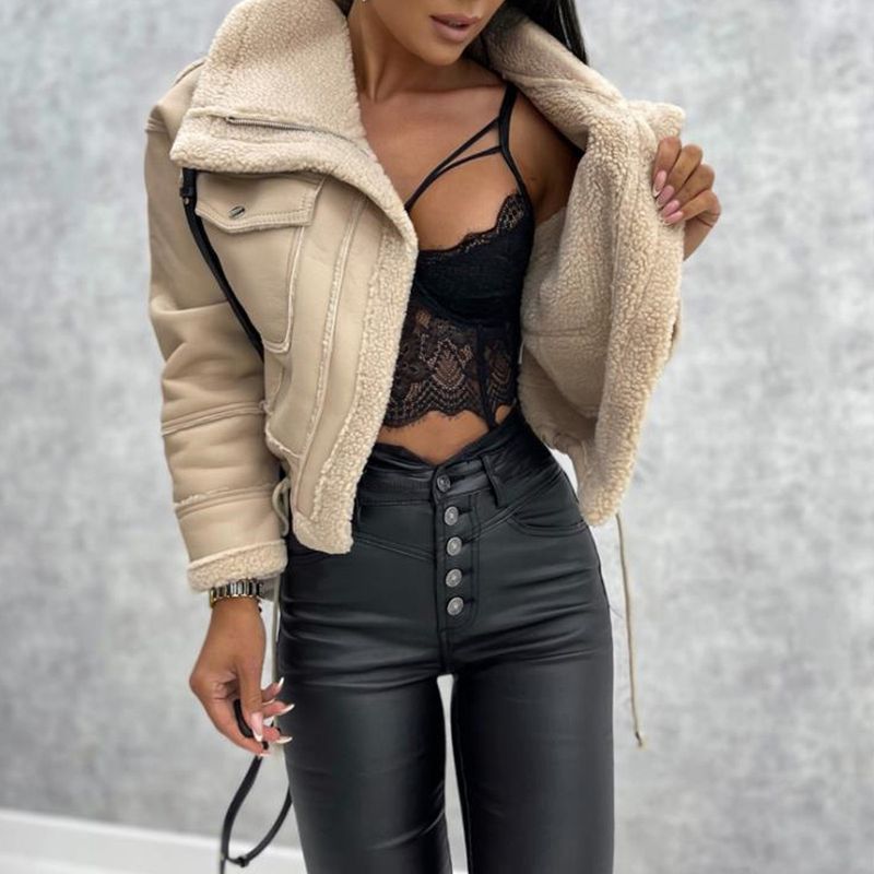 Veste bomber en cuir synthétique pour femme avec col en fausse peau de mouton, manteau zippé style motard, veste courte et courte pour vêtements d'extérieur streetwear automne/hiver_voghion.com
