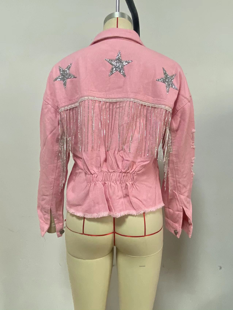 Veste en jean à bords bruts et à pampilles pour femme_voghion.com