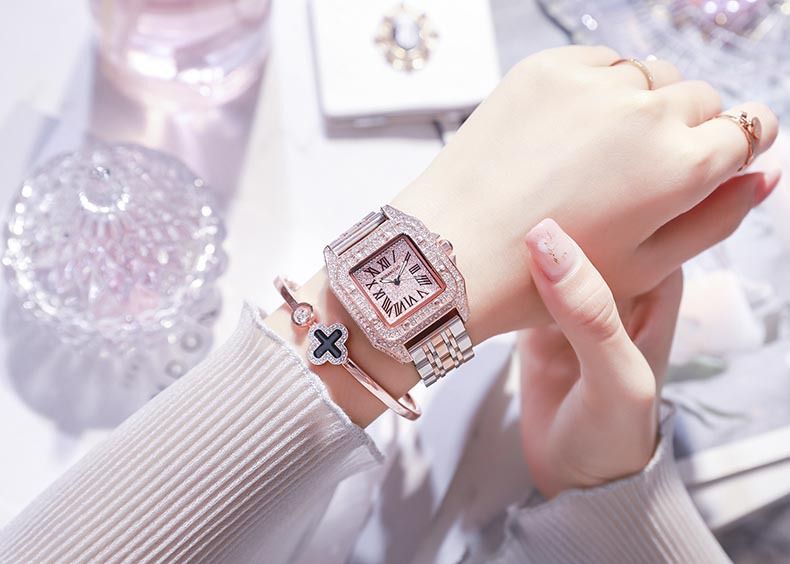 Internet famous men and women's couple with square diamond inlaid large dial, steel strip, waterproof quartz watch for_voghion.com