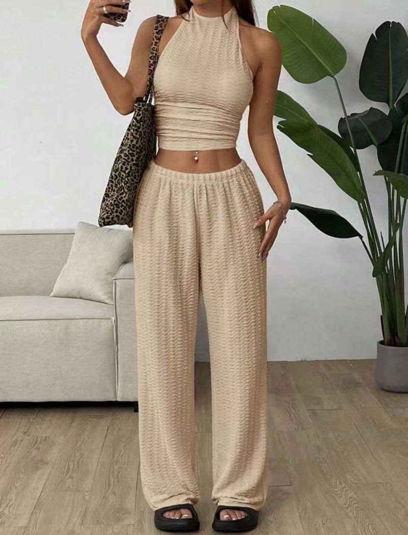 Women's Clothing 2025 Summer Strapless Backless Sexy Top Elastic Waist Comfortable Long Pants Set_voghion.com