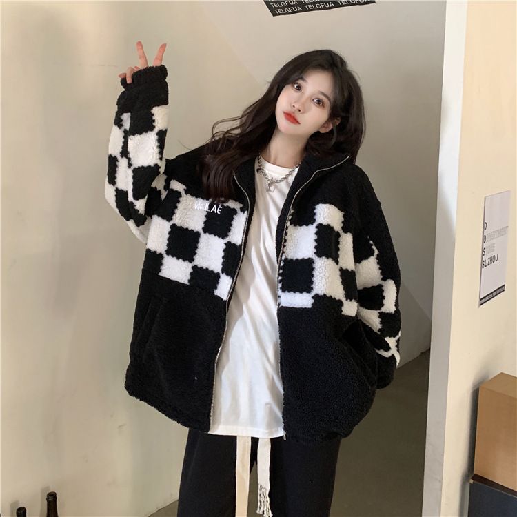 2024 new autumn and winter thick versatile checkerboard slicing lamb wool coat women's casual stand u collar fleece_voghion.com