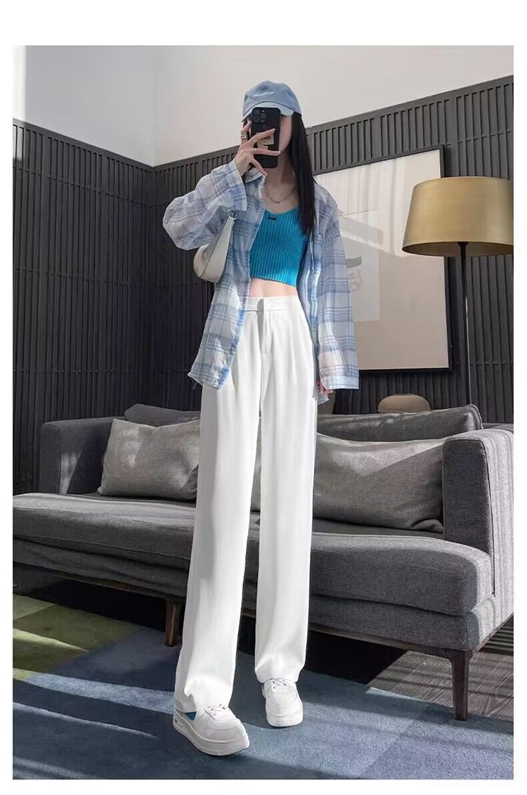 Damenbekleidung Weiße Hose mit weitem Bein Damen Sommer Dünne Neue Hohe Taille Saison Drapieren Lässige Kleine Gerade Anzughose_voghion.com