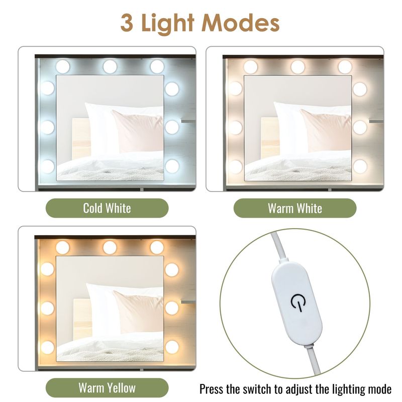 Farmhouse Makeup Vanity Desk With Mirror And Lights, 3 Lighting Modes, Vanity Set With Stool, Dressing Table With Adjustable Shelves,2 Drawers And Side Cabinet For Bedroom, White_voghion.com