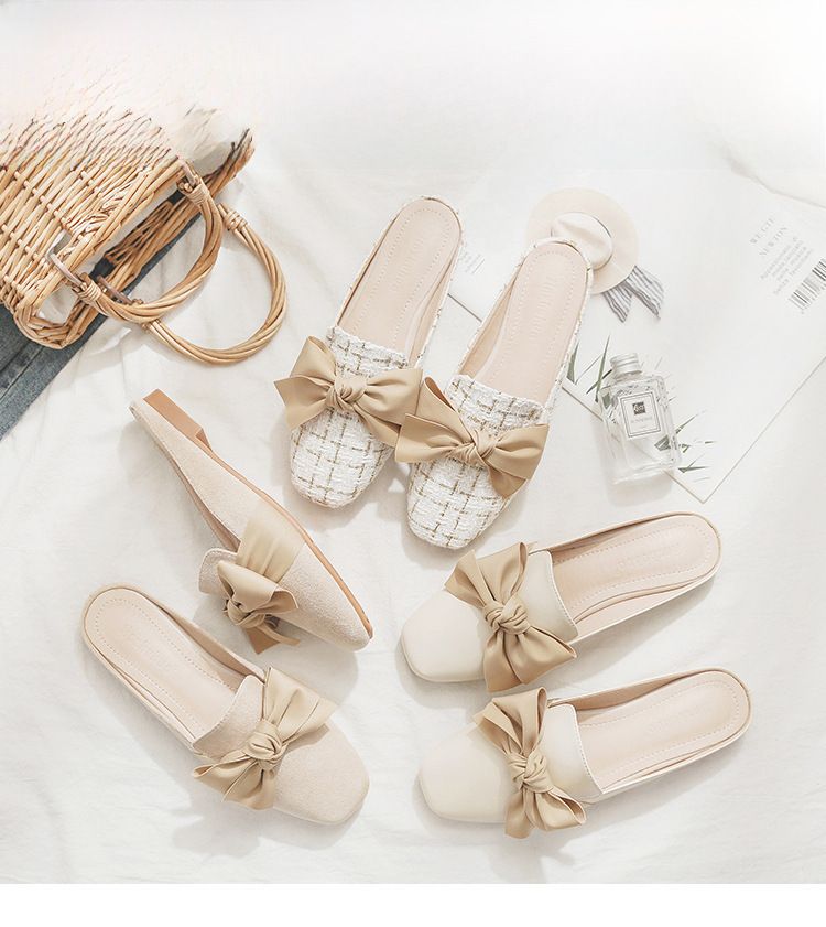 43 Stor storlek Utrikeshandel Lazy Pearl Baotou Half Tofflor Platta ytterkläder för kvinnor Fashionabla Casual Bow sandaler för kvinnor_voghion.com