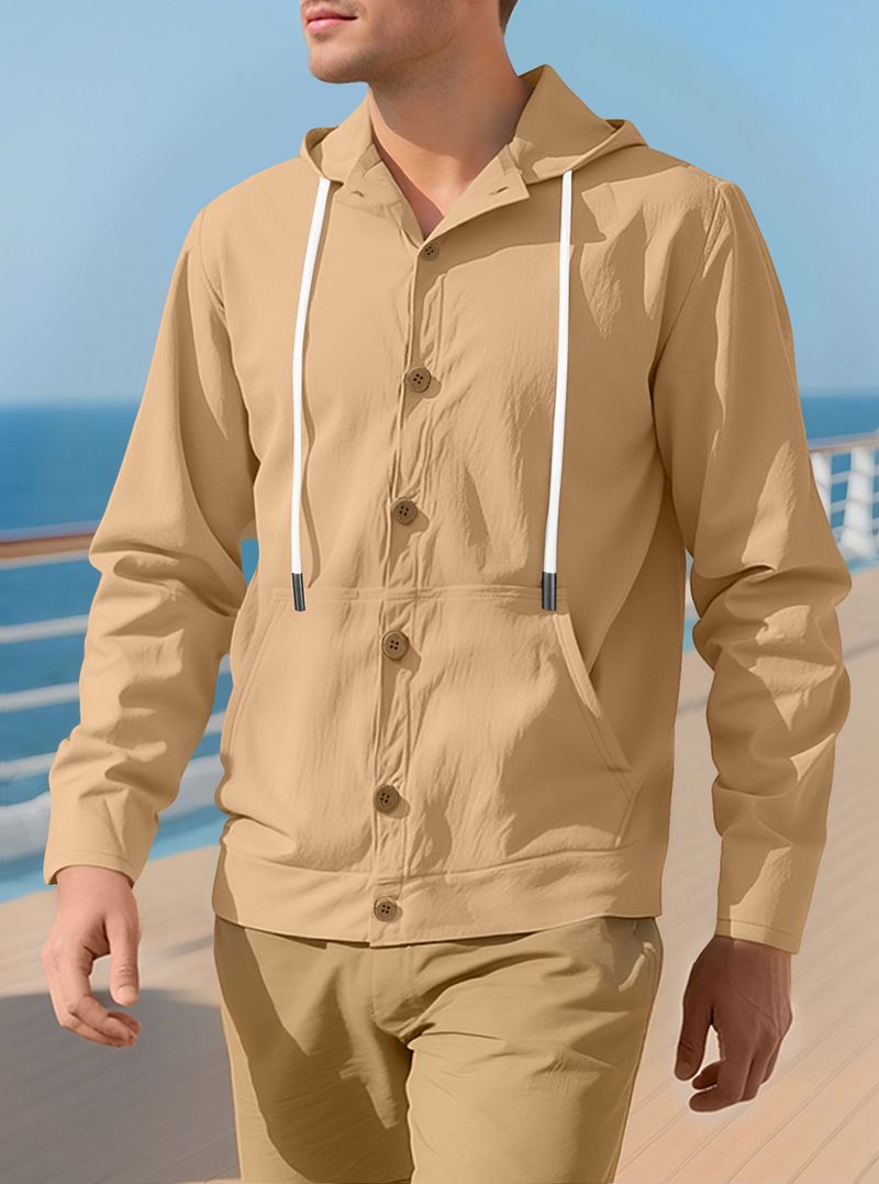 Camicia da uomo con bottoni, casual, ampia, in lino, semplice, con cappuccio, a maniche lunghe, primaverile e autunnale_voghion.com