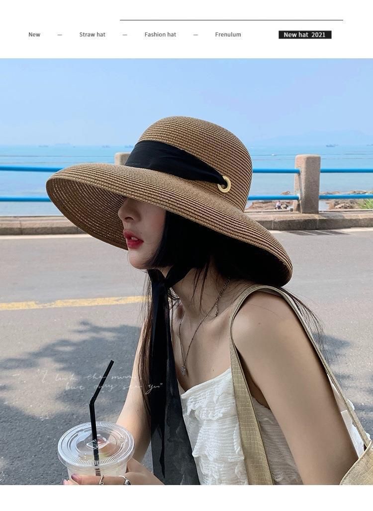 Neuer Strohhut im Hepburn-Stil mit großer Krempe und langem französischem Band, faltbarer Sonnenschutz, Gesichtsbedeckung, Urlaubsstrand, Sonnenhut für Touristen_voghion.com