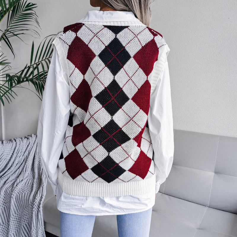 Vêtements pour femmes automne et hiver style collégial losange col en v décontracté gilet tricoté ample pull vêtements pour femmes_voghion.com