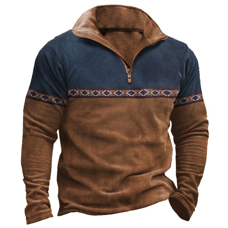Großes Patchwork-Poloshirt mit Reißverschluss-Kapuze für die tägliche Freizeit im Freien_voghion.com