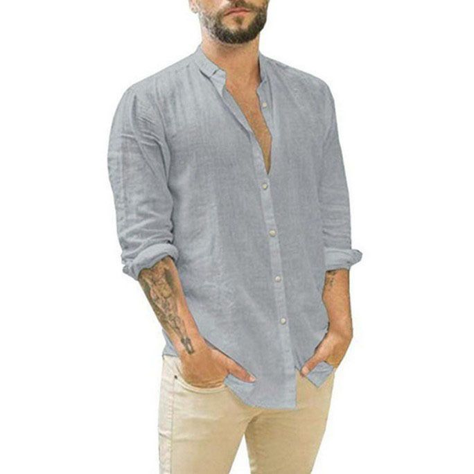 Unbeatable Quality 2025 Men's Linen Cardigan Solid Color Casual Stand Collar Long Sleeved Shirt_voghion.com