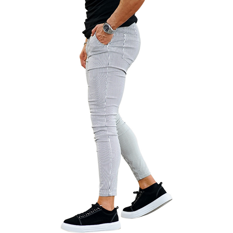 NOVEDAD DE VERANO 2023, línea de pies pequeños, moda para hombres, encaje Casual, pantalones ajustados a rayas_voghion.com