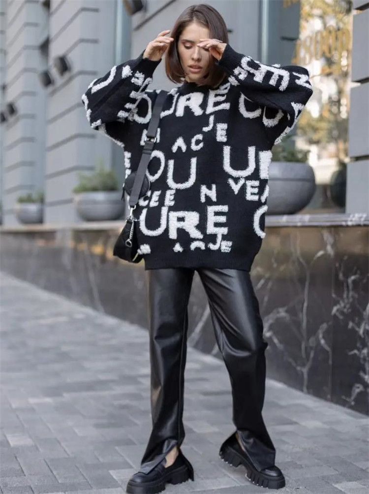 Vêtements pour femmes nouvelle automne et hiver col rond pull tricoté à manches longues veste pour femme pull chaud épais lettre décontracté_voghion.com