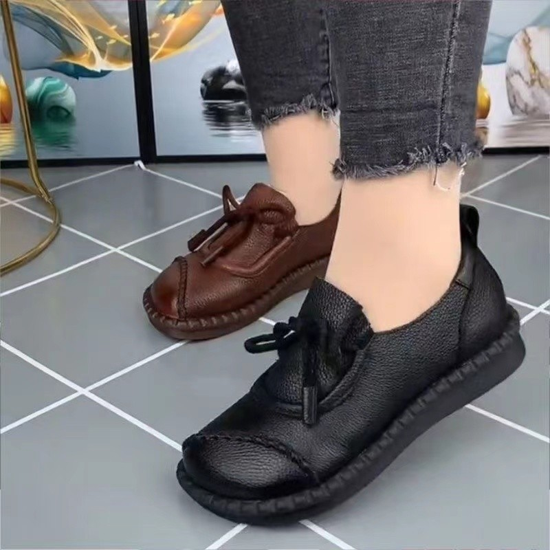 Casual lace up Le Fu mom single shoe 2023 Spring and Autumn season soft sponge cake thick soled small leather shoes_voghion.com