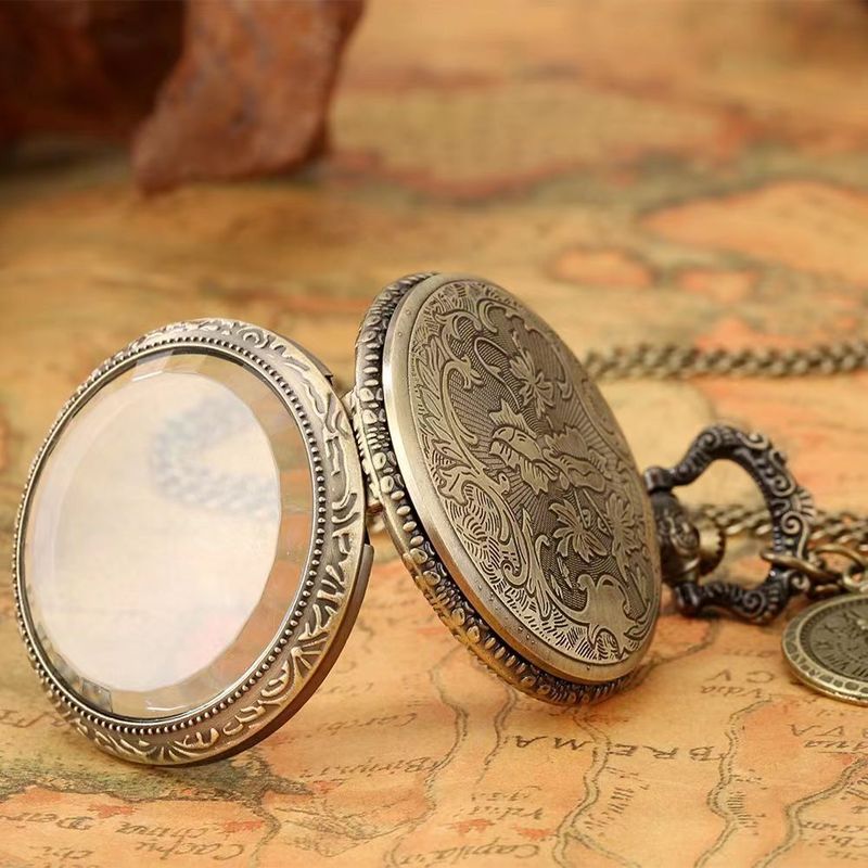 Vintage Large Glass Transparent Flip Cover Ancient Roman Numerals Dial Pocket Watch Live Streaming_voghion.com