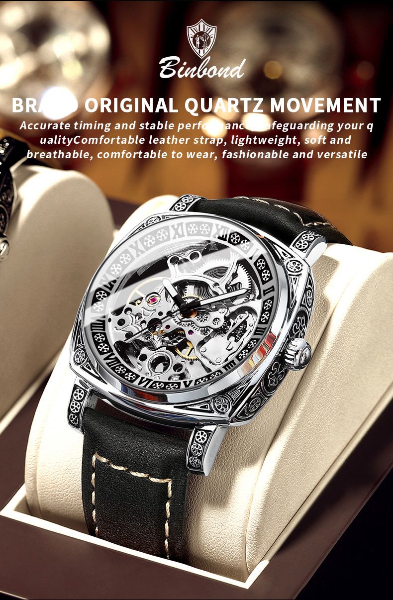 Automatische mechanische Herrenuhr mit leuchtendem Skelett-Zifferblatt, echtem Lederarmband und 50 m Wasserdichtigkeit für Business und Freizeit_voghion.com