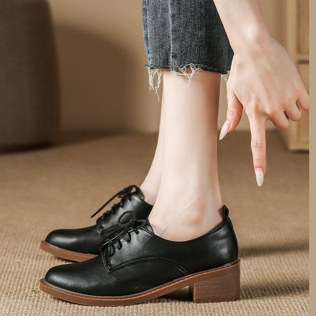 Minimalist Versatile Lace-up Genuine Leather Women's Soft Sole Spring Autumn Comfortable Simple Dress Work Chunky Heel_voghion.com