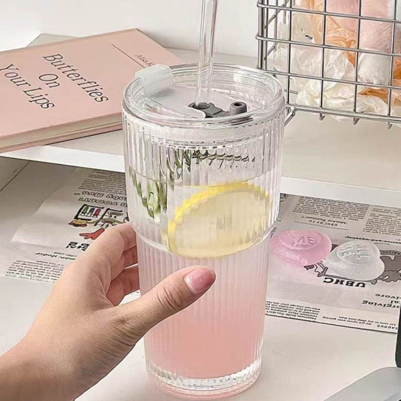 600ML Stripe Glass Coffee Cup With Straw Lid For Milk Tea Juice Breakfast Mugs Drinkware Travel Drinking Water Bottle Ho_voghion.com