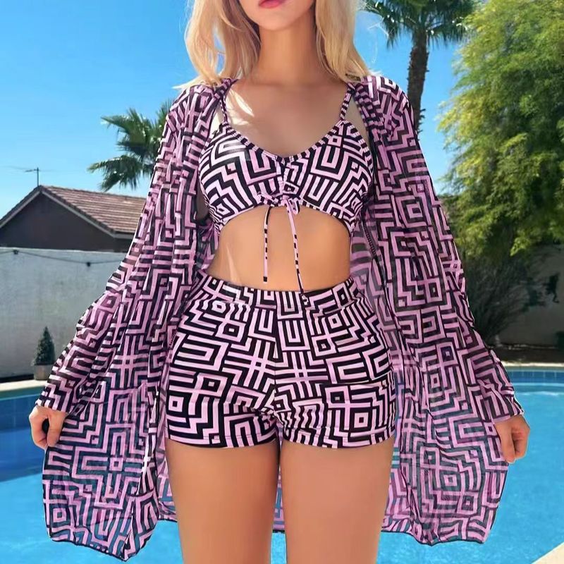 New Women's Two-Piece Swimsuit With Gathered Ruched Top And High-Waisted Swim Shorts Three-Piece Set_voghion.com