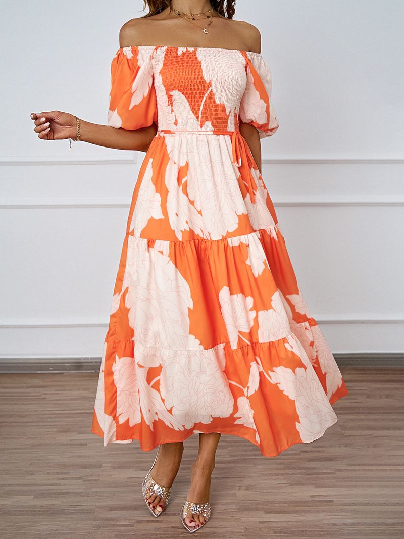 Damkläder Elegant Mönstrad Enaxlad Puffärm Modern Swingklänning_voghion.com