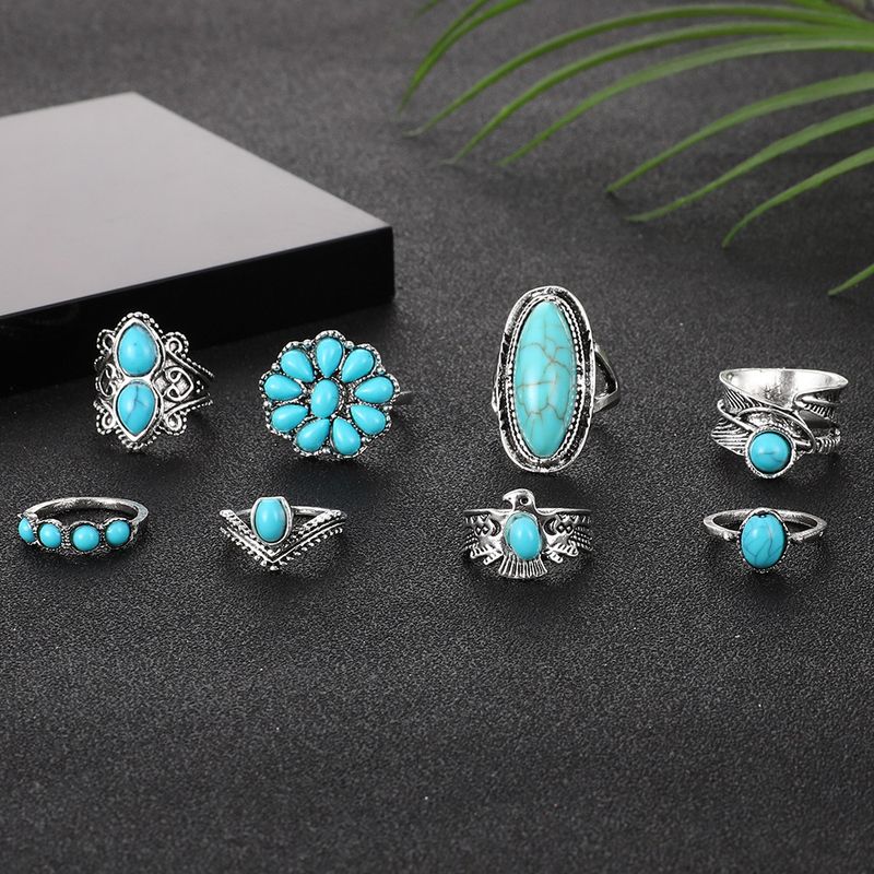 Nuovo anello in stile bohémien con piuma di gufo turchese da 8 pezzi_voghion.com