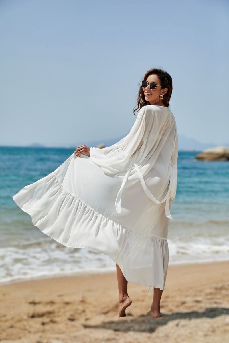 Damenbekleidung Chiffon-Ärmel Sonnenschutz Eleganter Chiffon-Glockenärmel-Überzug Langes Kimono-Strandkleid Leichter Sonnenschutz Bademode Wrap_voghion.com