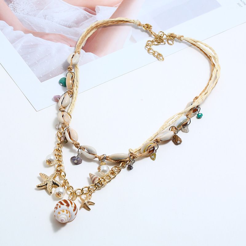 New Bohemian Style Natural Seashell Pendant With Multiple Layers Of Starfish, Conch, Tassels, And Women's Necklace_voghion.com