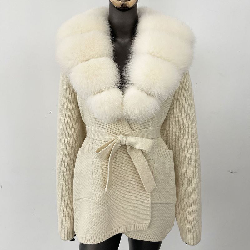 Women's Oversized Knit Cardigan With Real Fox Fur Collar – Mid-Length Cozy Sweater (Multiple Colors, One Size Fits All)_voghion.com