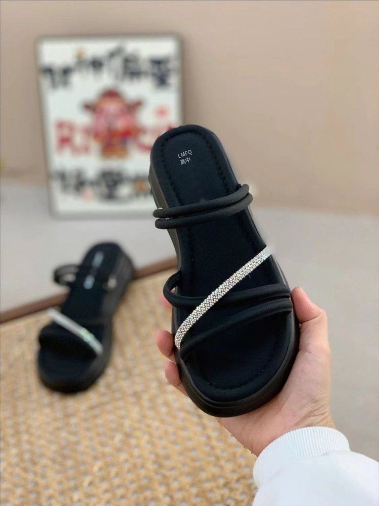Strass Una parola Drag Femmina Muffin Tacco Pendenza Due Indossare Spiaggia Versatile Indossare Ciabatte Fresche_voghion.com