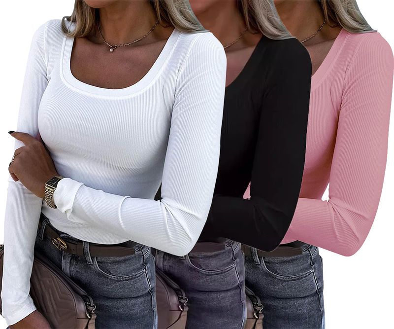 Women's Clothing Long Sleeved Slim Elastic Round Neck Ribbed T Shirt Casual Basic Tops_voghion.com