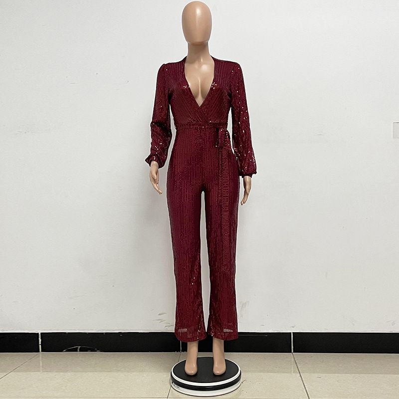 Damkläder Ins Style Deep V Mode Casual Jumpsuit Långärmat Bälte Paljett Jumpsuit Dam_voghion.com