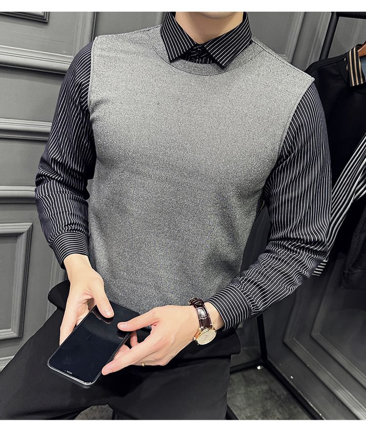 2025 Autumn Winter New Men's Casual Two-Piece Fleece-Lined Warm Sweater Slim Fit Base Layer Long Sleeve Shirt_voghion.com