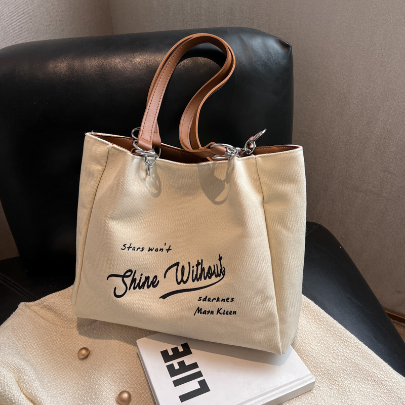 03 New Canvas Girls' Chain Advanced Sense Trend Portable Tote Bag Commuting Simple and Large Capacity_voghion.com