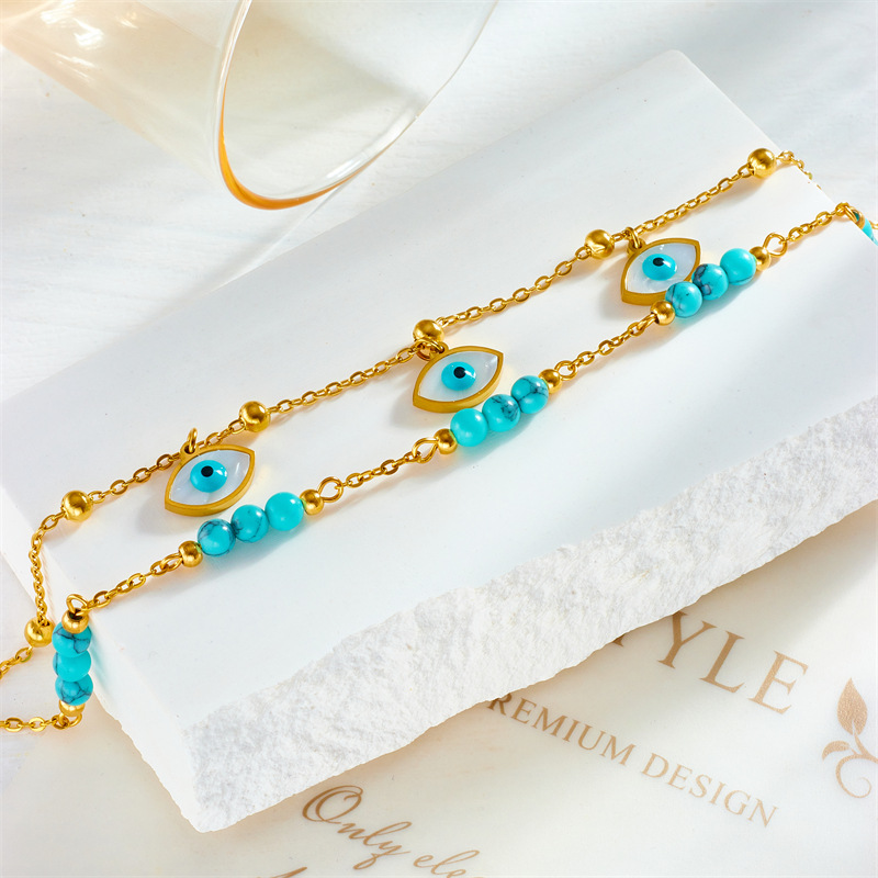Bracelet de cheville simple et tendance avec pendentif œil pentagramme et perles, chaîne irrégulière empilée à double couche_voghion.com