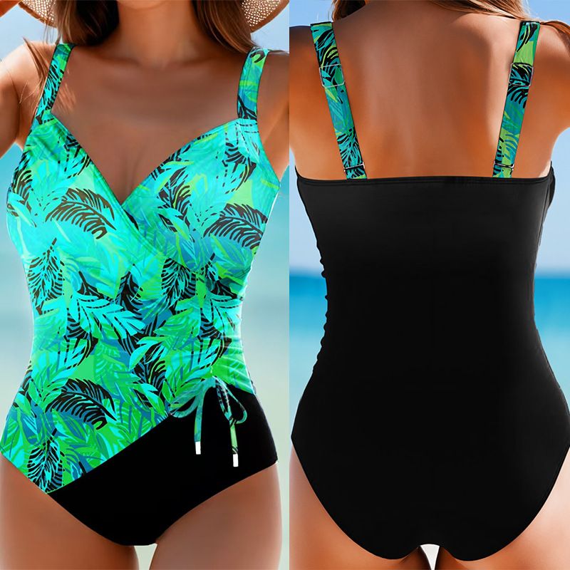 Women's One-Piece Swimsuit - Sexy Solid Color & Print Mix Design Quick Dry Fabric Tummy Control Swimwear_voghion.com