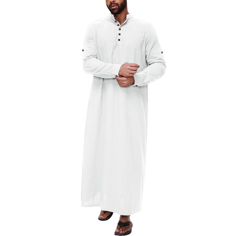 Túnica musulmana de estilo árabe, sencilla, de algodón y lino, larga, con cuello alto y botones para hombre._voghion.com